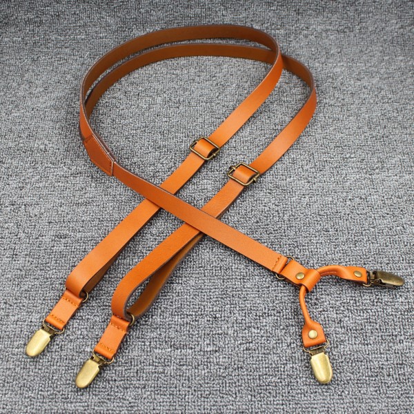 genuine leather men 1.7width four clips suspenders brace