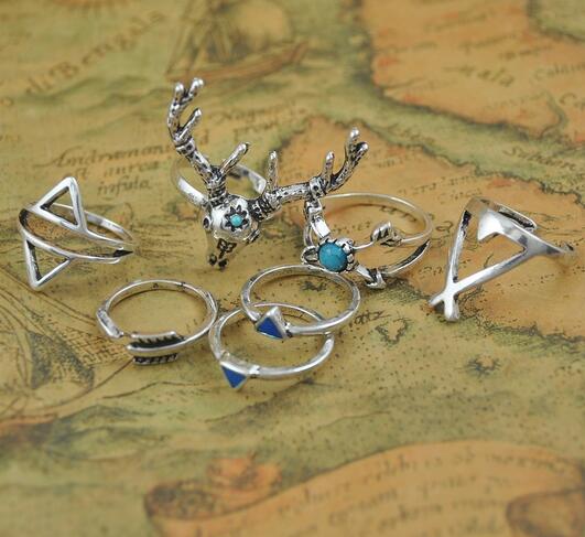 New Vintage Boho Rings Jewelry 7pcs/Pack Metal With Antique Silver Plated Multipack Ring Set for Woman anel Antler G76