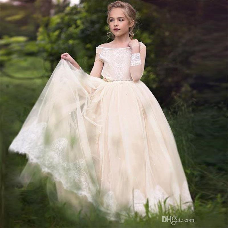 Sleeves Fairly Champagne Flower Girl Dresses for Country Weddings Princess A Line Scoop Neck Backless Long Kids Formal Wear Gowns Cheap