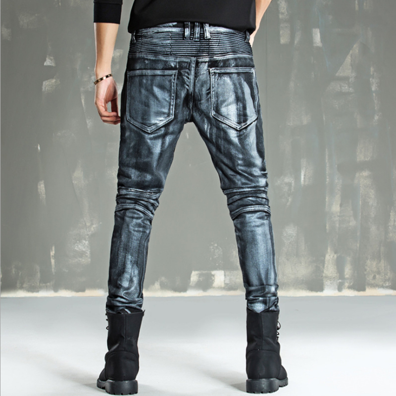 High-quality new gold silver coated men jeans elastic skinny Slim biker jeans man motorcycle pants hip hop nightclub style