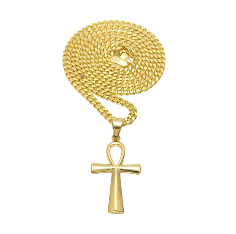Men Women Ankh Keys Cross Statement Necklace Egyptian Jewelry Hip Hop Gold Plated Stainless Steel Pendant Chain Necklace Key to Life Egypt