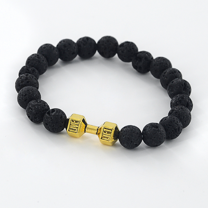 Wholesale-Mens Natural Stone Dumbbell Beaded Bracelets Unisex Black Lava Stone Beads Fitness Fit Life Prayer Bracelets Barbell Jewelry