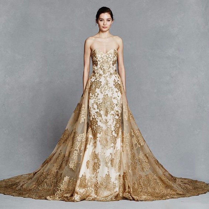 Gorgeous Overskirt Mermaid Wedding Dresses With Detachable Train Sweetheart Neck Lace Appliques Sweep Train Tulle Gold Chapel Bridal Gowns