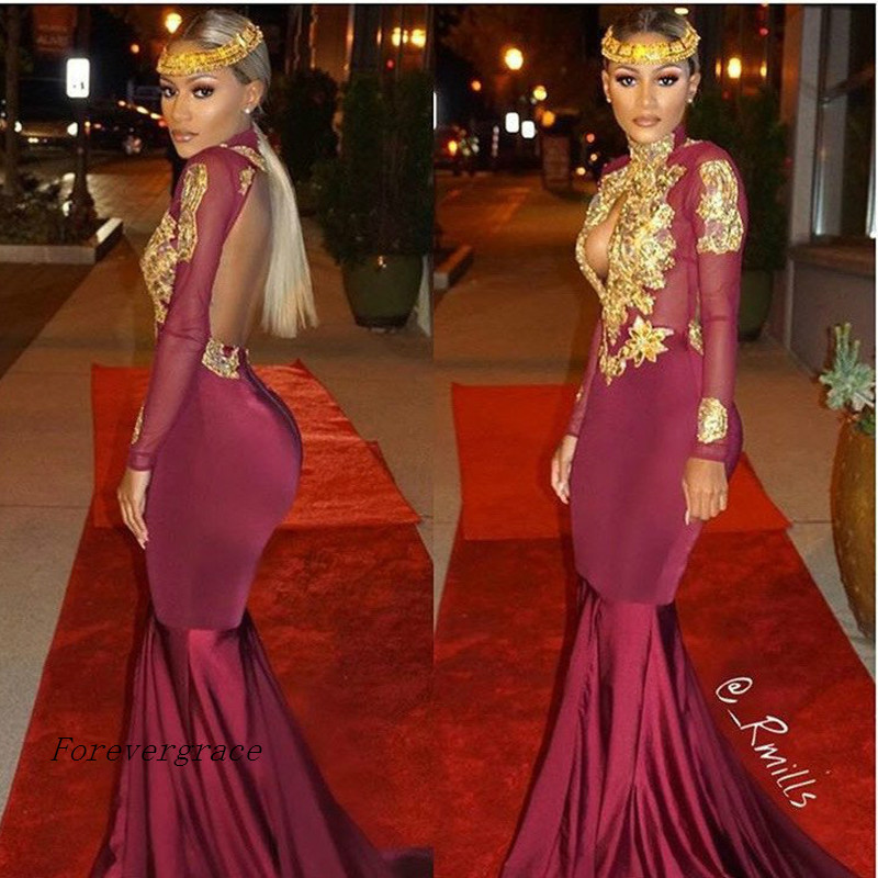 Cheap Sexy Burgundy Long Sleeve Mermaid High Neck Prom Dress Satin Applique Sweep Train Formal Evening Party Gown Custom Made Plus Size
