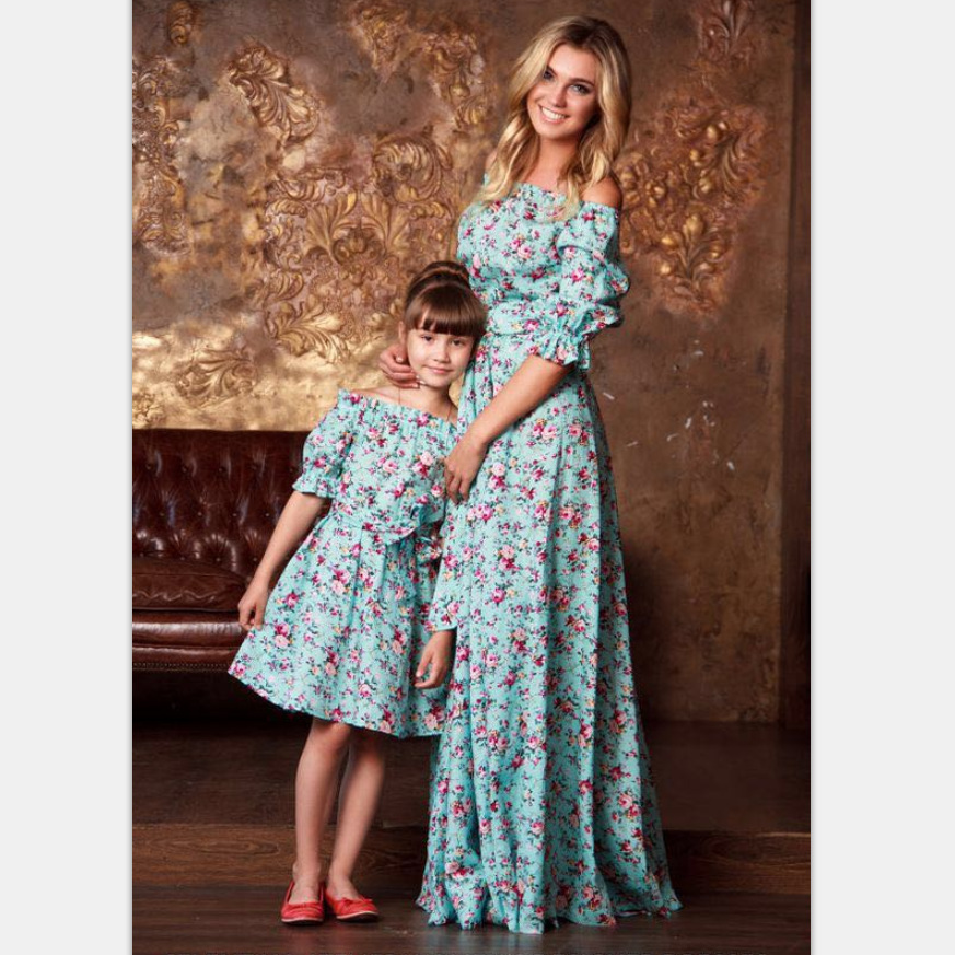 

Summer Mother and daughter dresses Maxi dress Retro Floral Off-shoulder Autumn Half Ruffles sleeve Girls dress 1-10years European Blue, As picture