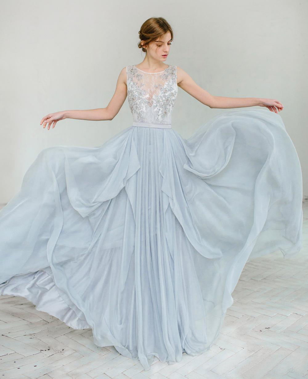 Charming 2016 Dusty Blue Chiffon Backless Bridesmaid Dresses Long Cheap Jewel Lace Beaded Sash Long Maid Of Honor Gowns Custom Made EN111511