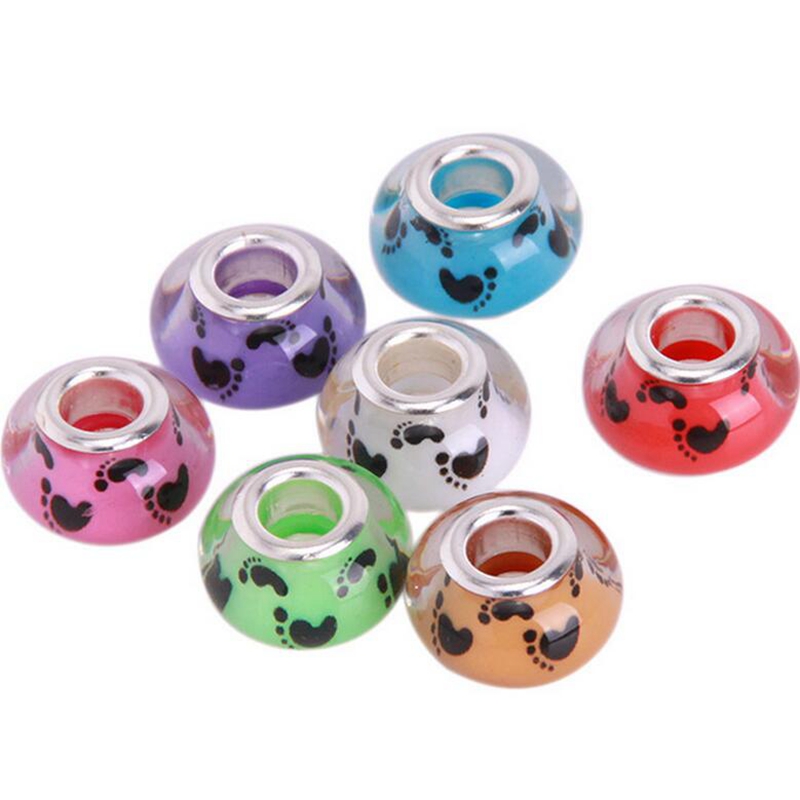 50PCSLot Mixed Fashion Baby Footprints Pattern European Resin DIY Big Hole Silver Core Charms Beads for Jewelry Making Low