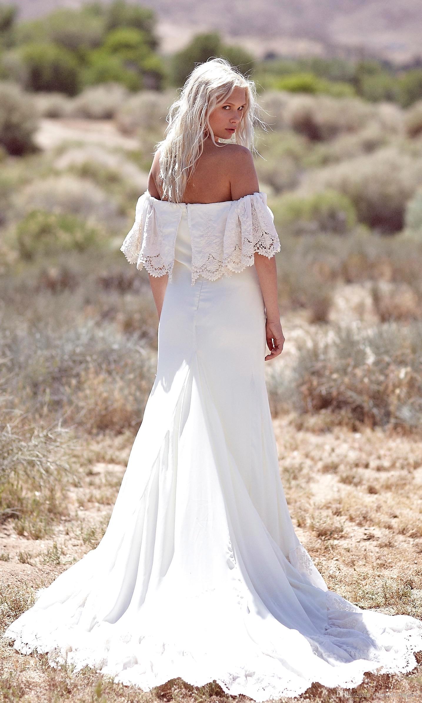 Online Summer Beach Bohemian Lace Wedding Dresses Vestidos De Noiva Off the Shoulder Chiffon Long Country Wedding Gowns BA4738