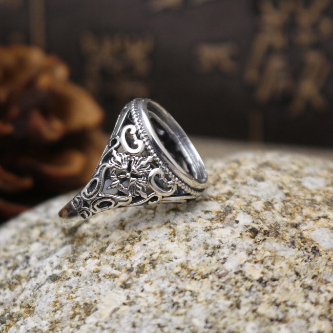 Art Nouveau 13x16mm Oval Cabochon Semi Mount Sterling Silver 925 Engagement Men Ring Retro Fine Silver Ring Setting Vintage