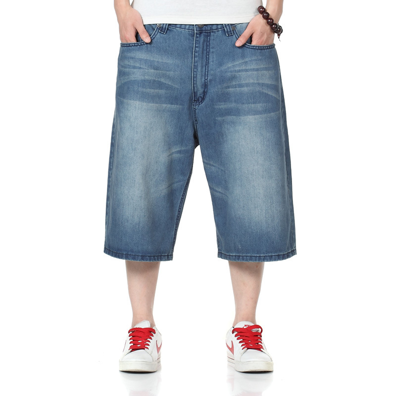 Wholesale- Top Quality Summer Big Size Wide Leg Male Skateboard Swag Baggy Jeans Shorts Men Capri Denim Pants Plus Size 4XL 5XL 42 46 4411