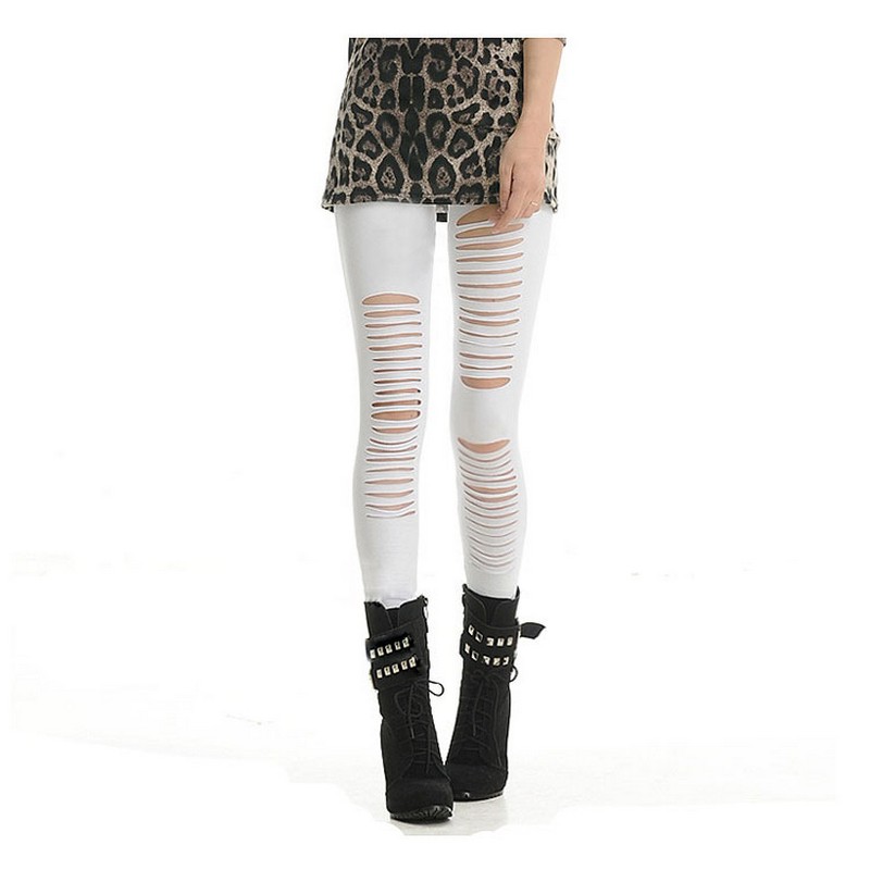 Women's Punk Rock Style Slim Cut out Pants Skinny Cotton Hollow out Knee Fantasy Ripped Legging Drop Ship Black White Colors in M, XL, XXL