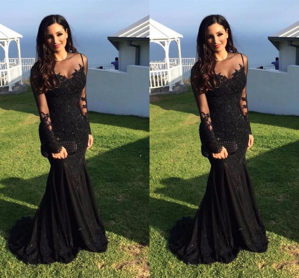 2017 Black Sexy Mermaid Prom Dresses Sheer Neck Long Sleeves Backless Floor Length Party Gowns Custom Made abendkleider