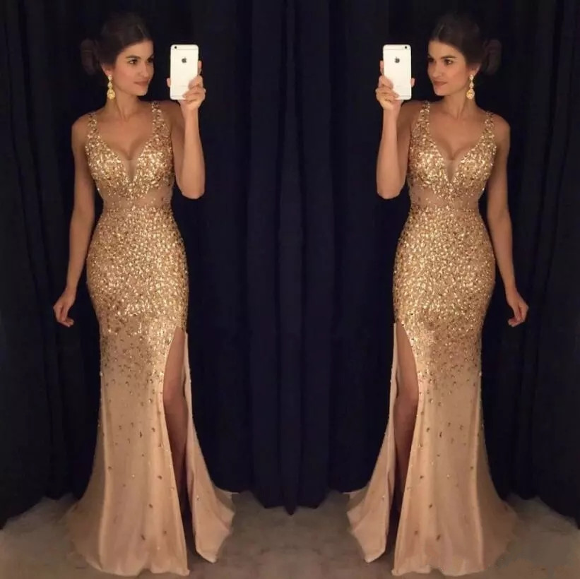 Luxury Gold Crystals Mermaid Prom Dresses Sheer Deep V-Neck Backless Split Side Evening Gowns Rhinestones Tulle Pageant Dress, Brown
Luxury Gold Crystals Mermaid Prom Dresses Sheer Deep V-Neck Backless Split Side Evening Gowns Rhinestones Tulle Pageant Dress, Brown
