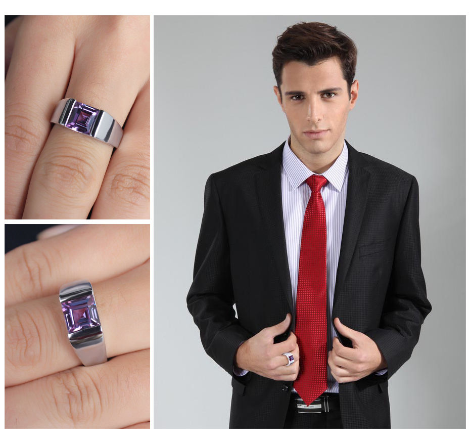 Wholesale Solitaire Fashion Jewelry 925 Sterling Silver Princess Square Amethyst CZ Diamond Gemstones Wedding Men Band Ring Gift Size 8-12