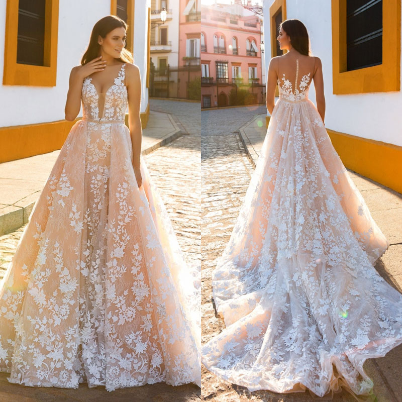 Blush Sexy Mermaid Wedding Dresses with Detachable Train Crystal Desing Sheer Plunging Necke Lace Appliqued Plus Size Bridal Gowns