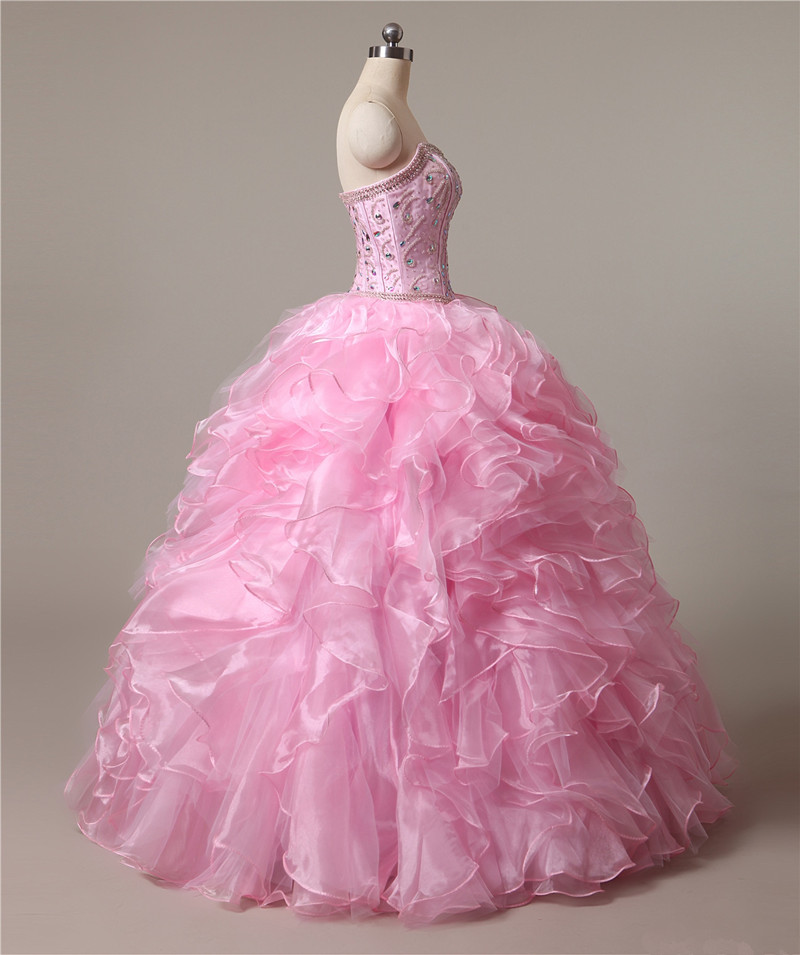 2017 Sexy Pink Crystal Ball Gown Quinceanera Dresses with Beading Sequin Organza Lace Up Sweet 16 Dresses Vestido Debutante Gowns BQ08