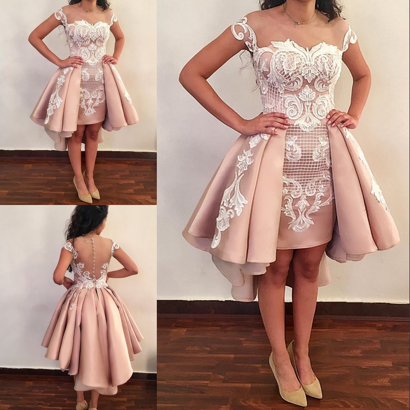 Chic Overskirt High Low Lace Prom Dresses Appliques Sheer Bateau Neck A Line Party Dress Satin Custom Made Short Evening Gowns, Red
Chic Overskirt High Low Lace Prom Dresses Appliques Sheer Bateau Neck A Line Party Dress Satin Custom Made Short Evening Gowns, Red