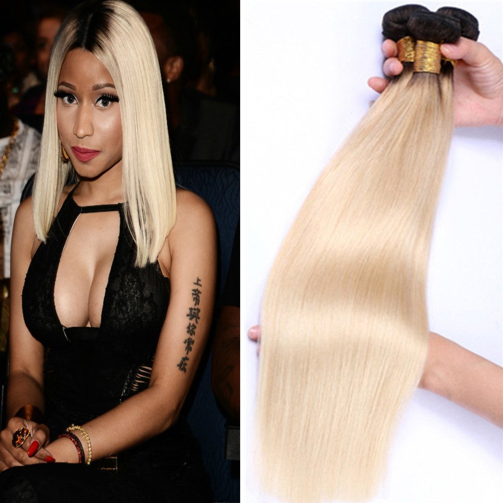 Brazilian Straight Human Hair Weaves Ombre T1b/613 Blonde Two Tone Color Full Head 3pcs/lot Double Wefts Remy Hair Extensions