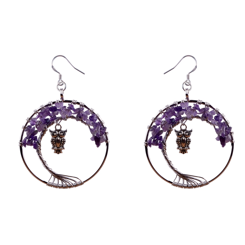 Woman dangle Earrings Exaggerated Style 925 Sterling Silver Jewelry Natural Stone Amethyst Cartoon Classic Life Tree Earring