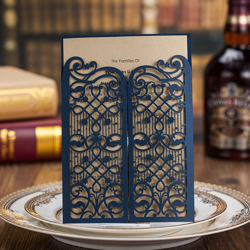 OEM Laser Cut Invitations Customized Wedding Invitation Cards With Navy Blue Gate Hollow Personalized Wedding Invitations #BW-I0511, Ivory envelope
OEM Laser Cut Invitations Customized Wedding Invitation Cards With Navy Blue Gate Hollow Personalized Wedding Invitations #BW-I0511, Ivory envelope
