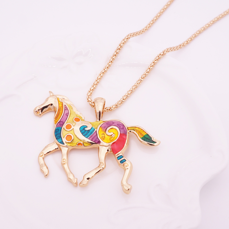 Wholesale-Colorful Horse Necklace Enamel Brincos Vintage Ethnic Animal Pendant For Women Fashion Jewelry 2016 Drop Shipping