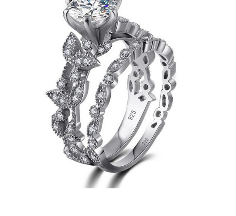 Sterg Sier Wedding Bridal Leaf Ring Set: Elegant Round Cubic Zirconia Crystal Gemstones