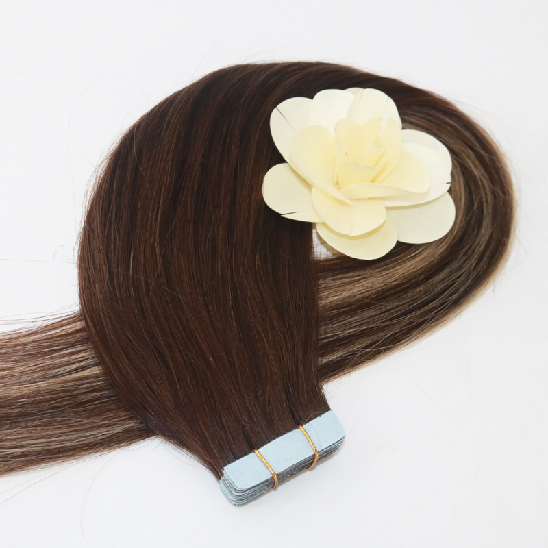 Evermagic 20pcs 50g Two Tone Color#3 Fading to #24 Mixed Honey Blonde Colorful Highlight Balayage Seamless Tape in Human Hair Extensions