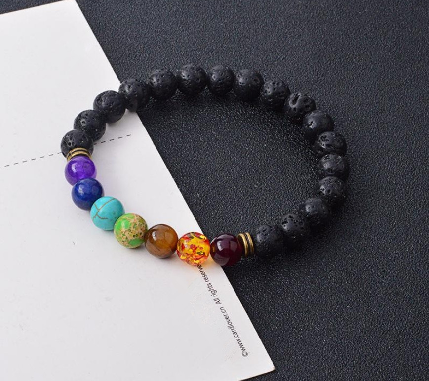 New Natural Black Lava Stone Bracelets 7 Reiki Chakra Healing Balance Beads Bracelet for Men Women Stretch Yoga Jewelry