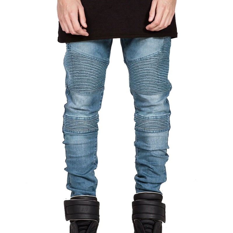 Wholesale-Mens Skinny Biker Jeans Men 2016 Hi-Street Ripped Rider Denim Jeans Motorcycle Runway Slim Fit Washed Moto Denim Pants Joggers
