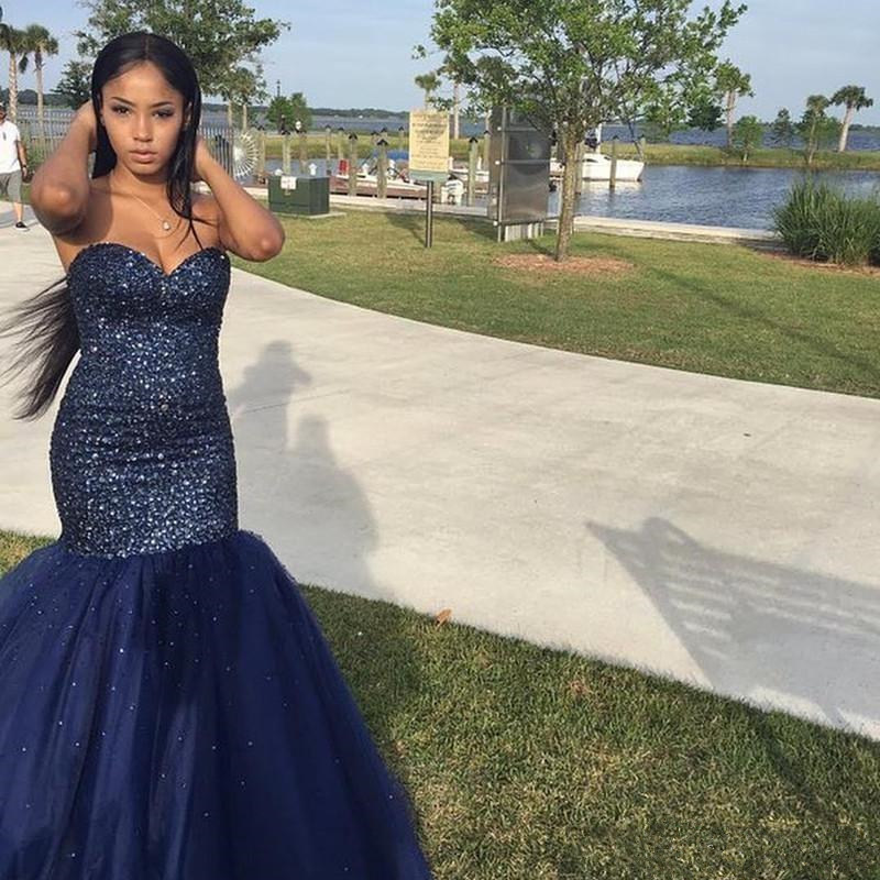 Sexy Mermaid Rhinestone Prom Dresses African Graduation Dress Organza Trumpet Dark Navy Evening Gowns Robe De Soiree Evening Dresses 0510
