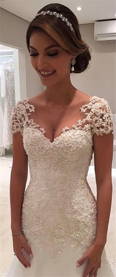 Vestido de noiva White Backless Lace Mermaid Wedding Dresses V Neck Short Sleeve Gown Bridal Dress Robe de mariage