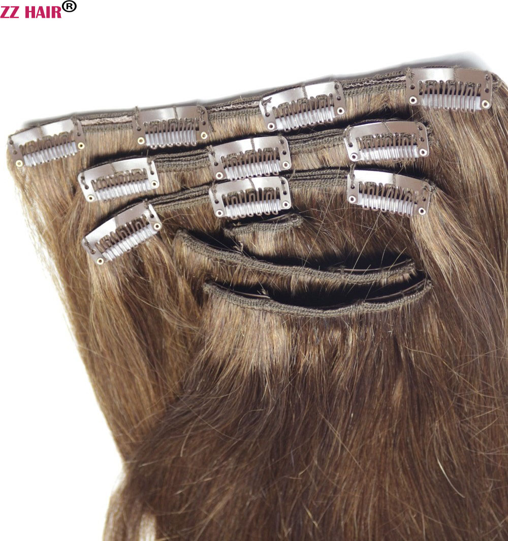 ZZHAIR 16"-26" 7pcs set Clips in/on 100% Brazilian Remy Human Hair Extension Full Head 100g-160g Natural Straight