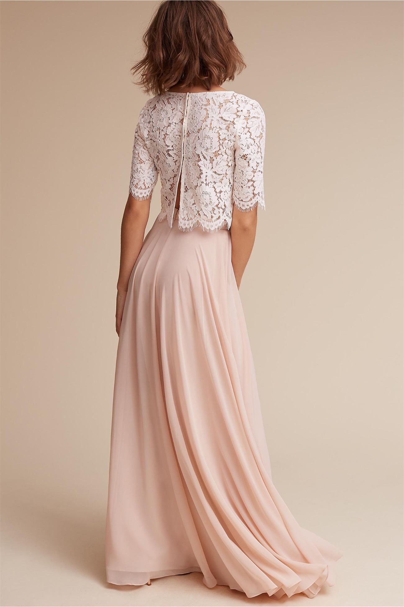 In Stock Two Pieces Bridesmaid Dresses 2017 with Lace Bodice & Chiffon Skirt Long Prom Pearl Pink Wedding Guest Dress Half Sleeves
