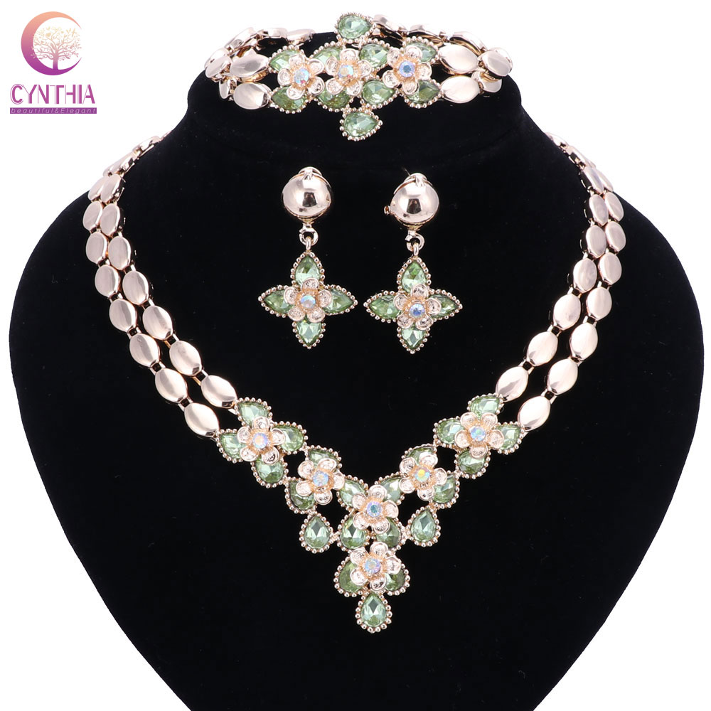 Flower Jewelry Set Gold colour goldenRhinestone French Romantic Bracelet Earrings Necklace Set For Women Hot Sell
