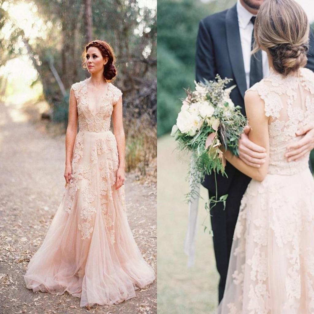 Vintage 2022 Lace Wedding Dresses Gowns Champagne Sweetheart Ruffles Cap Sleeve Deep V Neck Garden Reem Acra Bridal Gown