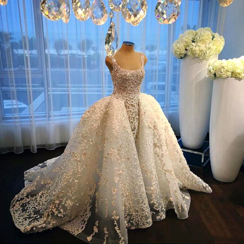 Elegance Portrait Mermaid Wedding Gown With Over-Skirt Sheer Jewel Lace-Appliques Bridal Dresses 2017 Custom Made Sleeveless Wedding Dresses