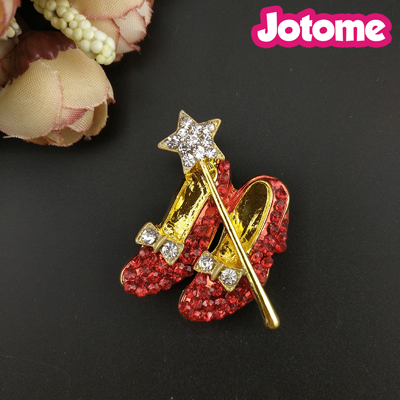 50pcs/lot Gold Tone Crystal Dorothy Wizard Of Oz Style Brooches Red High Heeled Shoes brooch Bow and Star Lapel Pin
