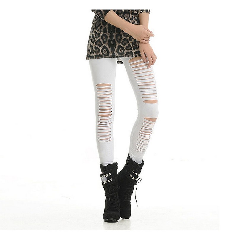 Women's Punk Rock Style Slim Cut out Pants Skinny Cotton Hollow out Knee Fantasy Ripped Legging Drop Ship Black White Colors in M, XL, XXL