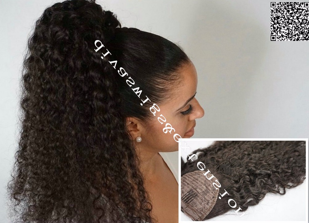 Medium brown kinky curly wraps ponytail hairpiece long high human hair african american pony tail extension color #4 120g