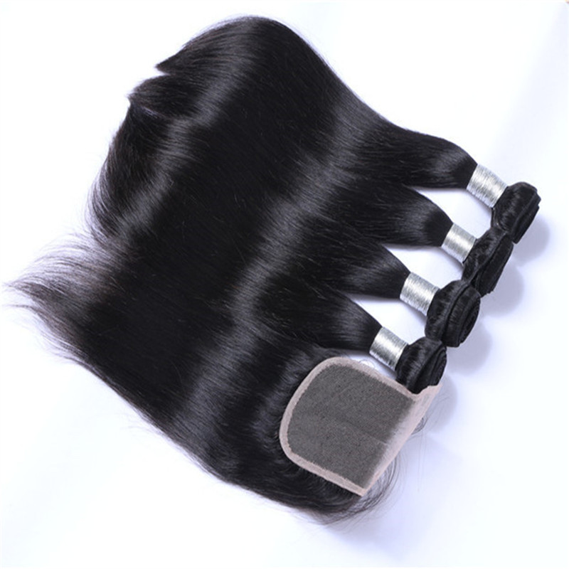 Brazilian Straight Human Hair Weaves Extensions 3 Bundles with Closure Free Middle 3 Part Double Weft Dyeable Bleachable 100g/pc