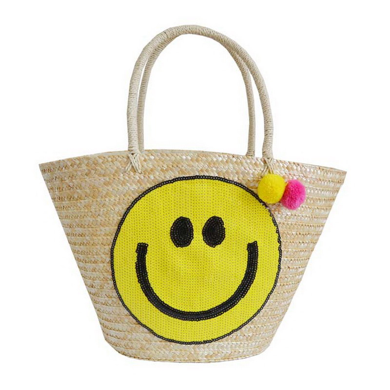 Smiling Beauty Straw Bucket Bag Woven Straw Tote with Hairball Summer Causal Vocation Bag