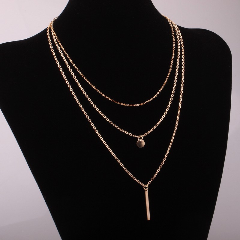 Wholesale- Hot Unique Fashion Gold Silver Plated Bar Lariat Necklaces Long Strip Multilayer 3 Layers Chain Pendants Necklaces Women Jewelry