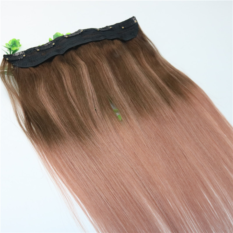 Ombre Rose Gold Pink With Brown Highlights Dark Brown Root One Piece Clip In Human Hair Extensions 5Clips With Lace Remy Human Hair