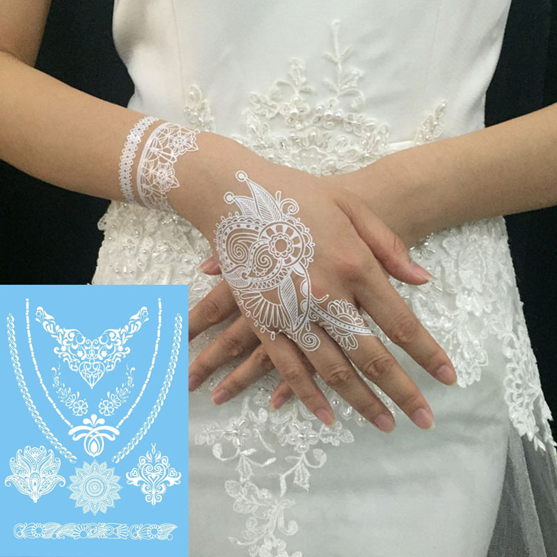 Flash Waterproof Tattoo Women White Temporary Tattoos Henna Lace tattoos Flower Totem Wedding Bridal Temporary Tattoo Sticker ZA2315