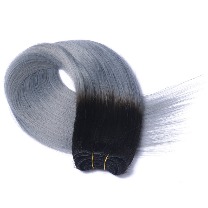 Full Head Clip In Human Hair Extensions Grey Straight Brazilian Virgin Hair Ombre Two Tone Color Dark Root To Grey Hair 120gram