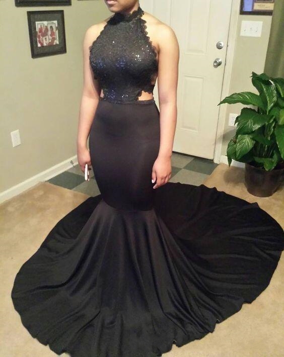 2023 Sexy Black High Neck Satin Mermaid Long Prom Dresses Lace Sequins Beaded Backless Evening Side Slit Formal Party Dresses