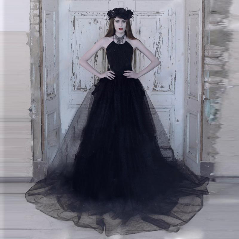 Vintage 2017 Black Satin And Tulle A-line Wedding Dresses Gothic Sexy Criss Cross Back Long Bridal Gowns Custom Made China EN10310