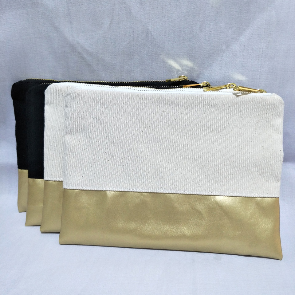 natural cotton canvas cosmetic bag with waterproof gold leather bottom matching color lining gold zip 7x10in makeup bag factory