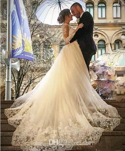 2019 Lace Illusion Long Sleeve Dresses A Line Detachable Overskirt Wedding Gowns V Neck Bridal Gown Robe De Mariage 0510