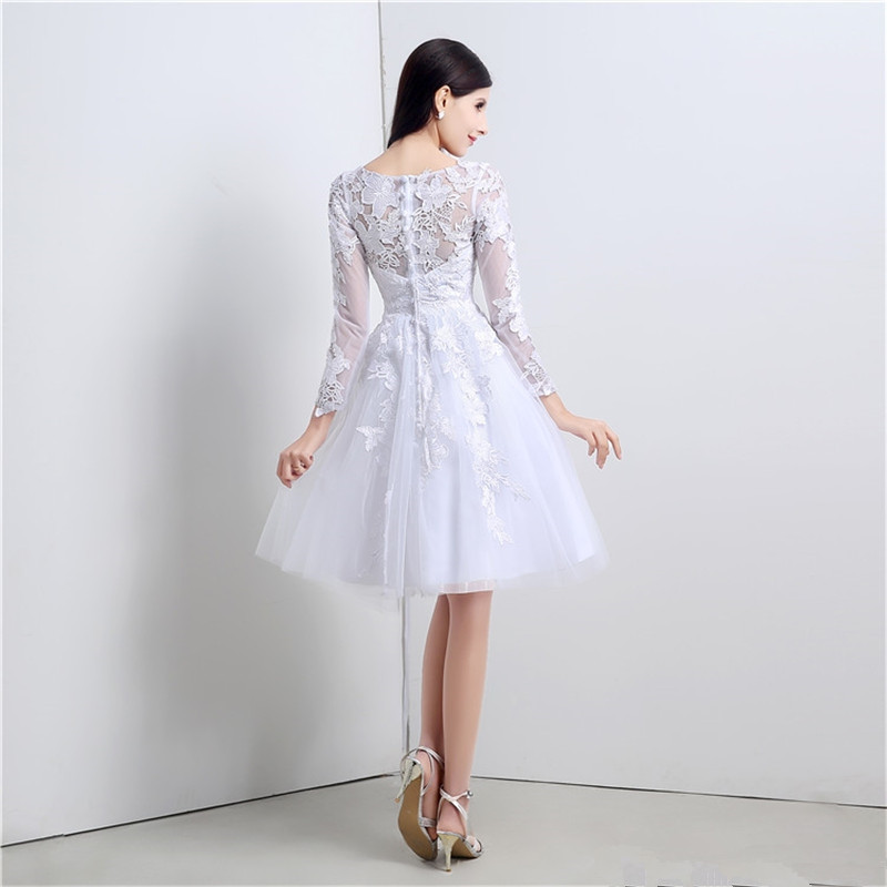 2017 Sexy Long Sleeve V-Neck Lace A-Line Wedding Dresses With Appliques Button Tulle Knee-Length Plus Size Wedding Party Bridal Gowns BW01